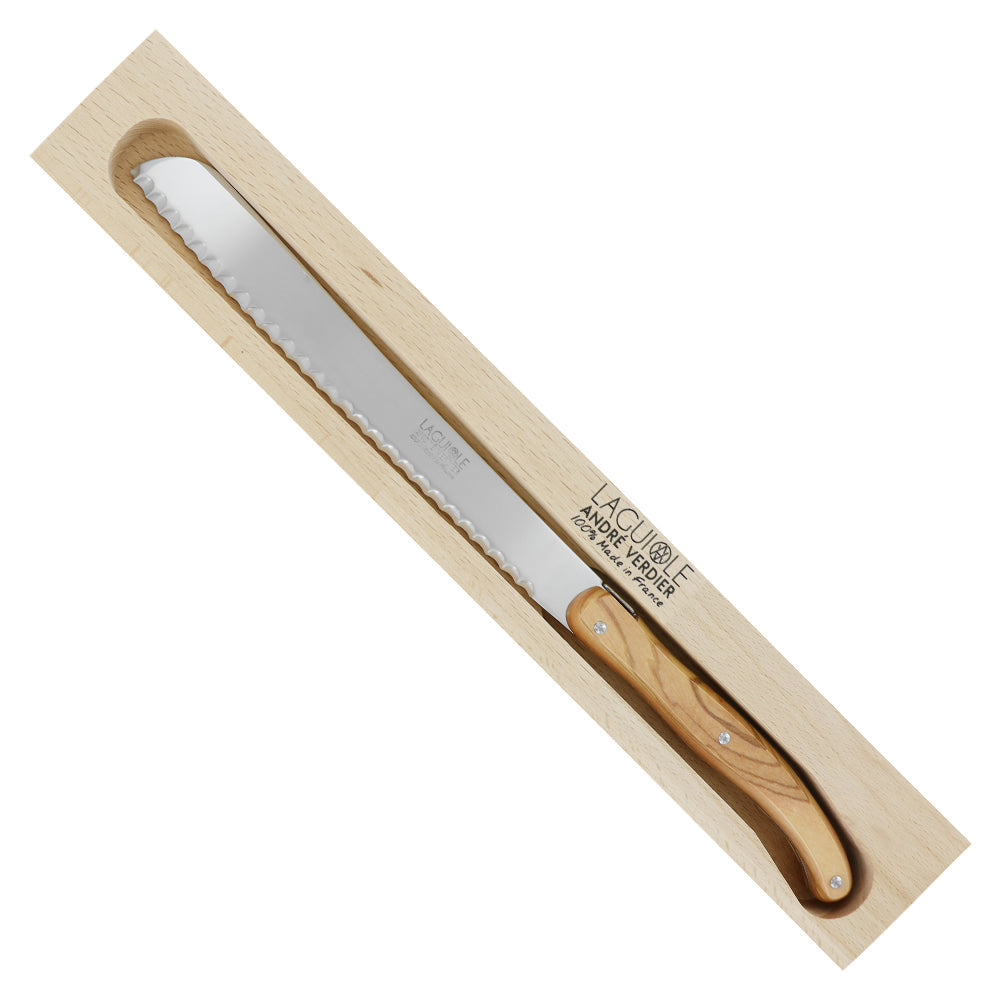 Andre Verdier bread knife with a silver serrated stainless steel blade and warm-toned wood handle with metal rivets.