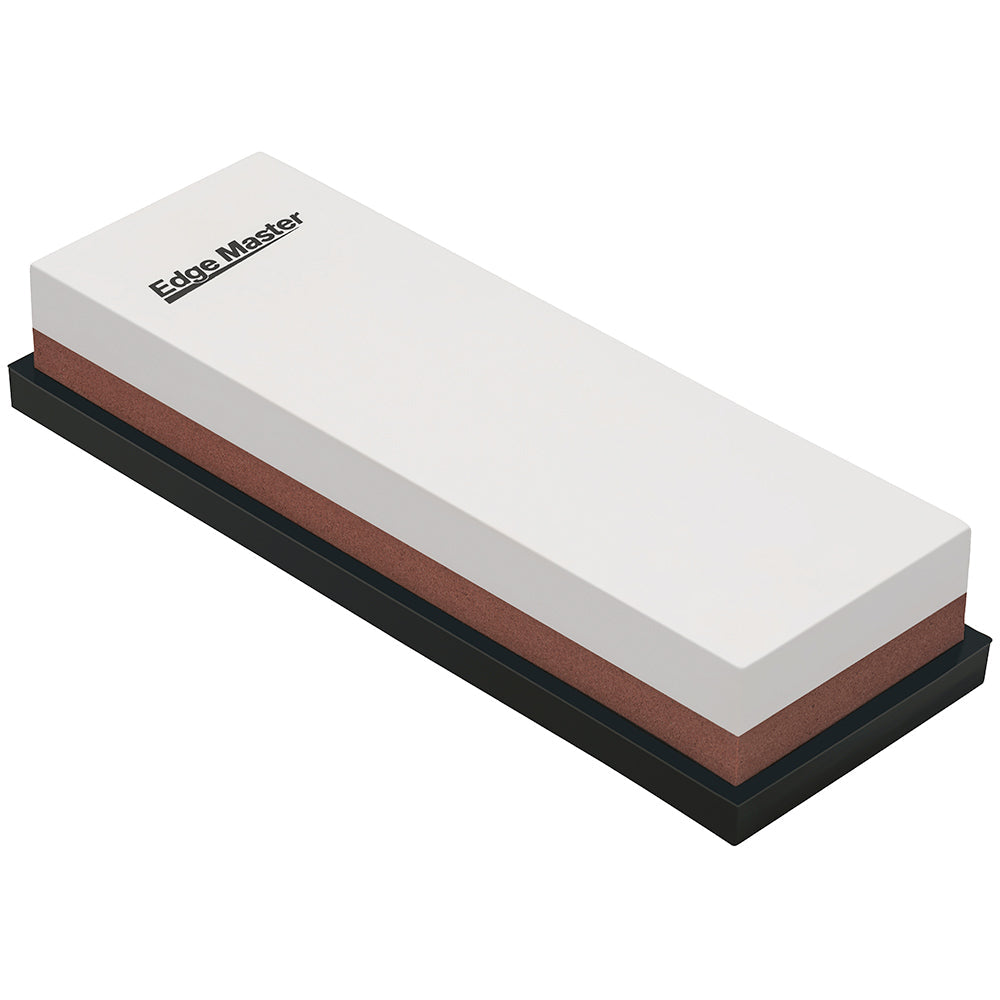 Edge Master combination whetstone with white and reddish-brown grit layers, mounted on a black non-slip base