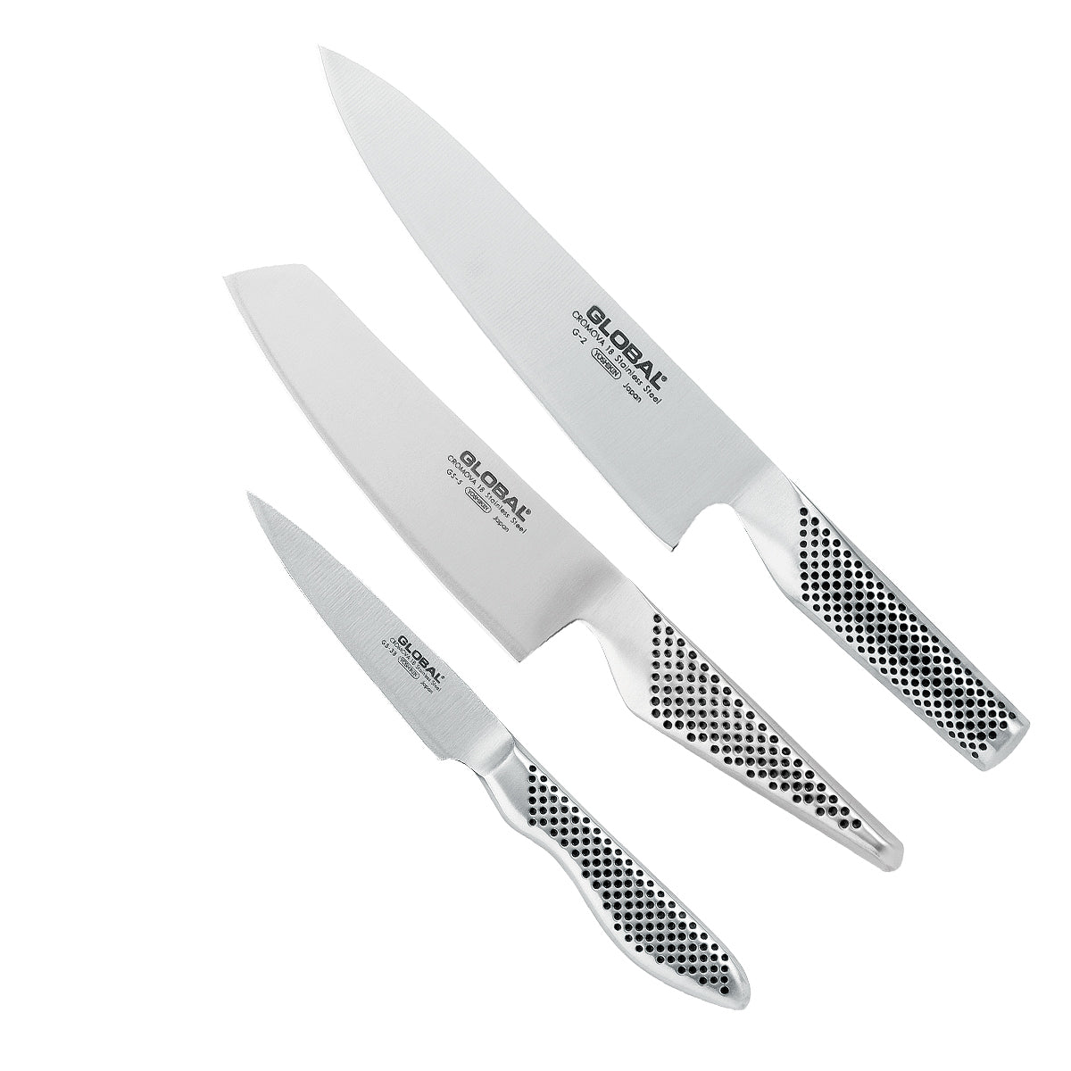 Global Classic 3 Piece Knife Set with three silver stainless steel blades and distinctive dimpled handles in graduated sizes