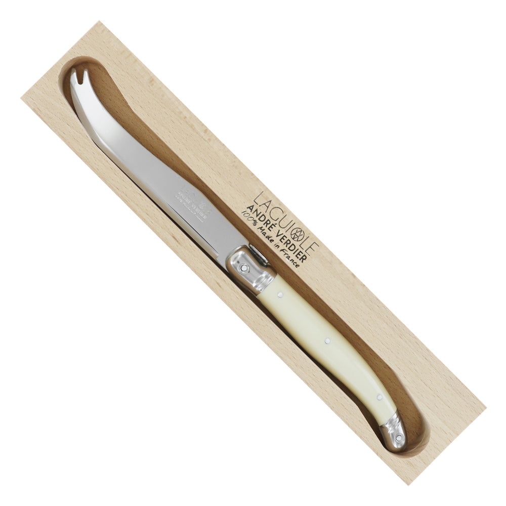 Large Cheese Knife with a polished stainless steel blade and smooth ivory resin handle secured by silver rivets