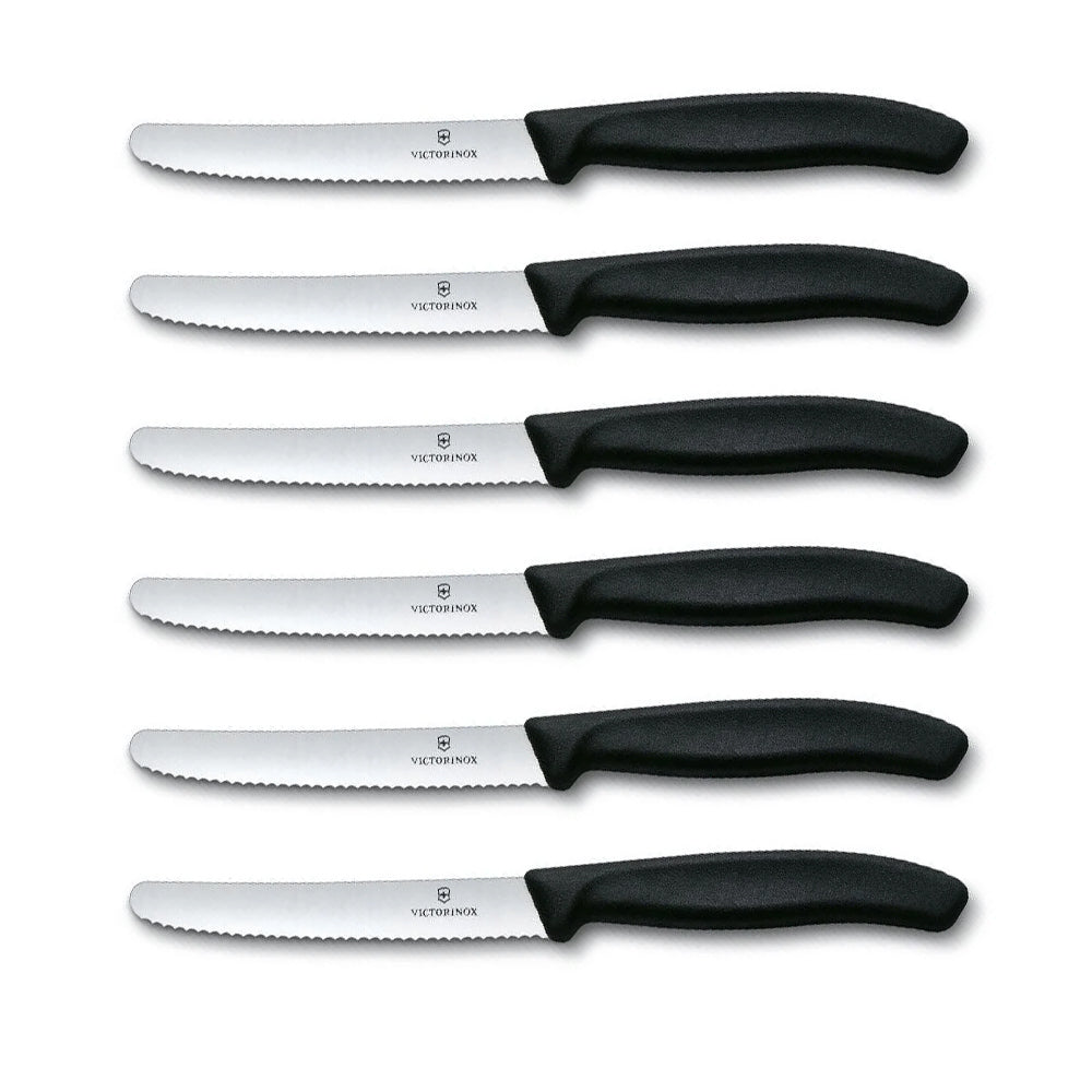 Victorinox Swiss Classic Table Knife Set - 11cm, 6 piece with six silver wavy-edge blades and black ergonomic handles