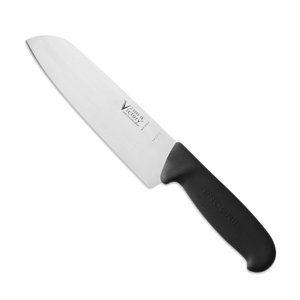 Victory Santoku Knife 18cm - Black with a broad silver stainless steel blade and smooth black handle.