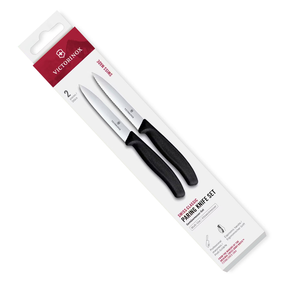 Wavy Edge Paring Knife Set - Black with two stainless steel blades, one straight and one serrated, and black handles