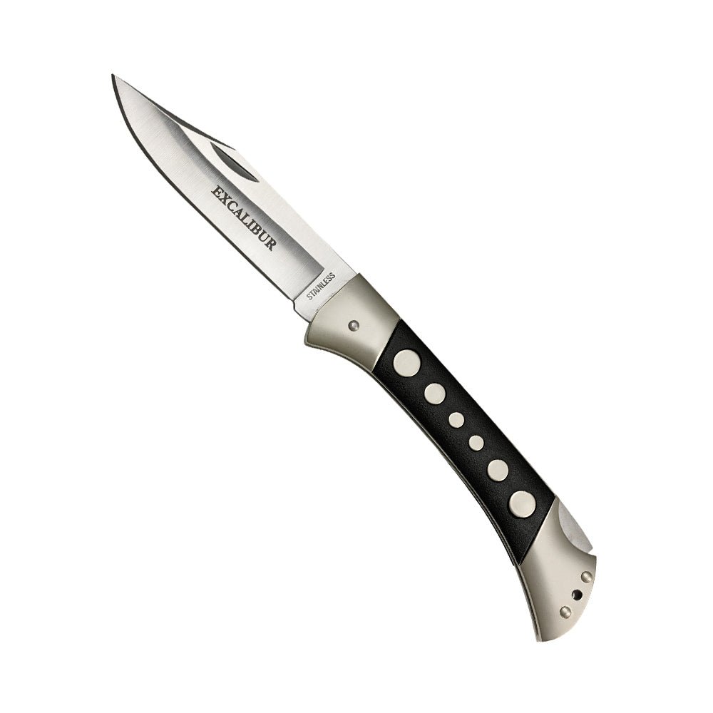 Excalibur Black Disk Pocket Knife - 9cm Blade with polished steel blade and curved black handle featuring silver disk inlays