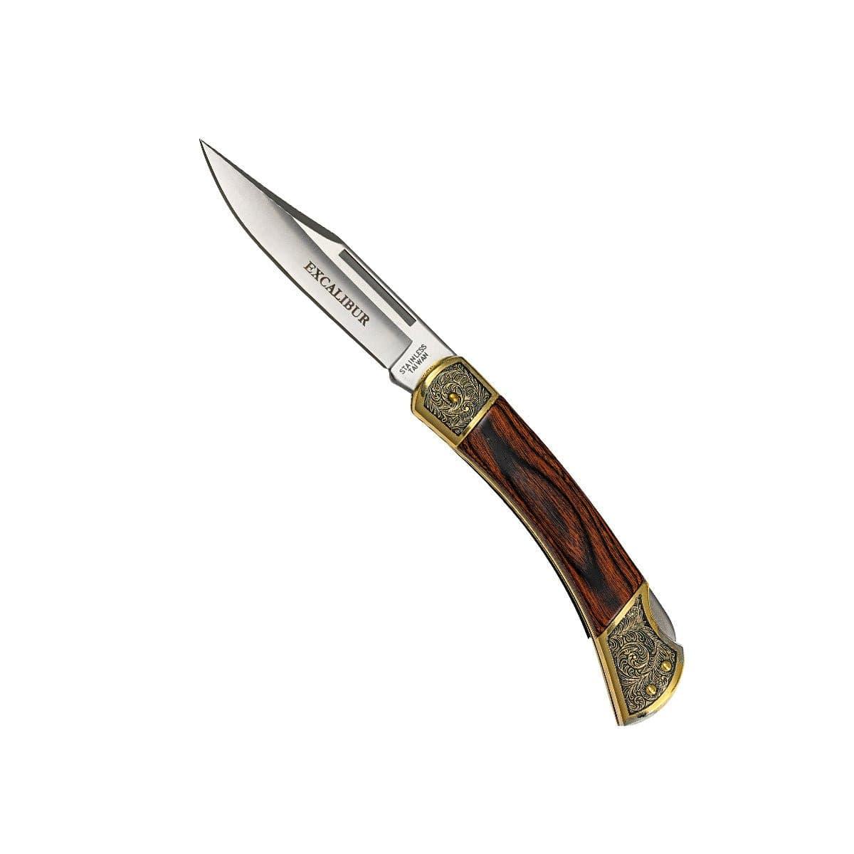 Excalibur Royal King - Folding Pocket Knife with a polished silver blade, dark wood handle and ornate gold-tone bolsters.