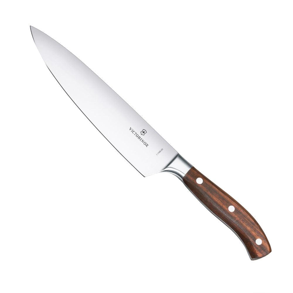 Forged Chefs Knife - Victorinox Grand Maître - 20cm Blade, with a polished silver steel blade and brown wooden handle.