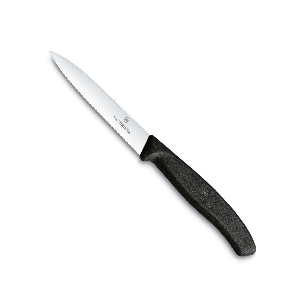 Paring Knife - Victorinox - 10cm with a silver wavy-edge blade and a curved black ergonomic handle