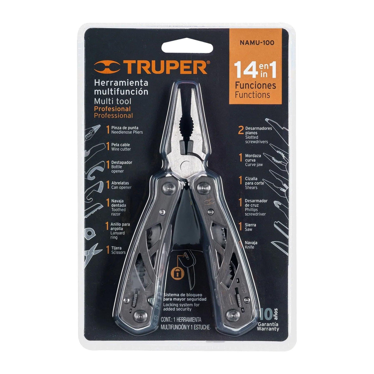 Stainless Steel Multi-Tool 14-Function - Truper, silver metal pliers with folding tools in black and orange packaging