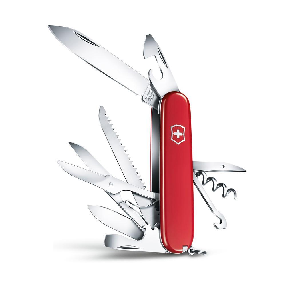 Swiss Army Knife - Huntsman (15 Function) Victorinox pocket knife with a red handle, silver tools, blades, saw and scissors