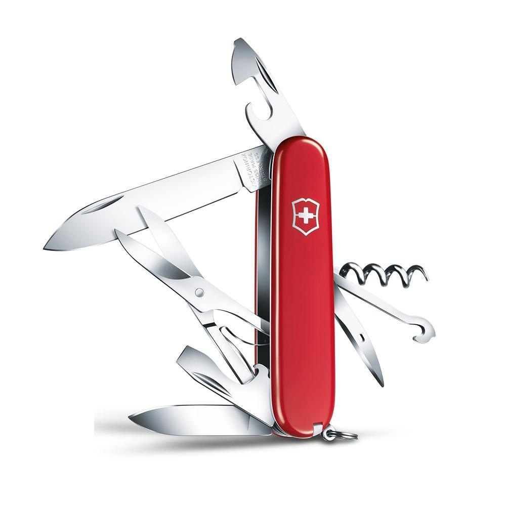 Swiss Army Knife - Pocket Knife Climber Red (14 Function) Victorinox, red plastic handle with silver tools including scissors and corkscrew