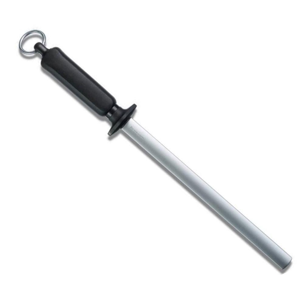 Victorinox 26cm Oval Diamond Sharpening Steel with a silver shaft, black ergonomic plastic handle and hanging ring.