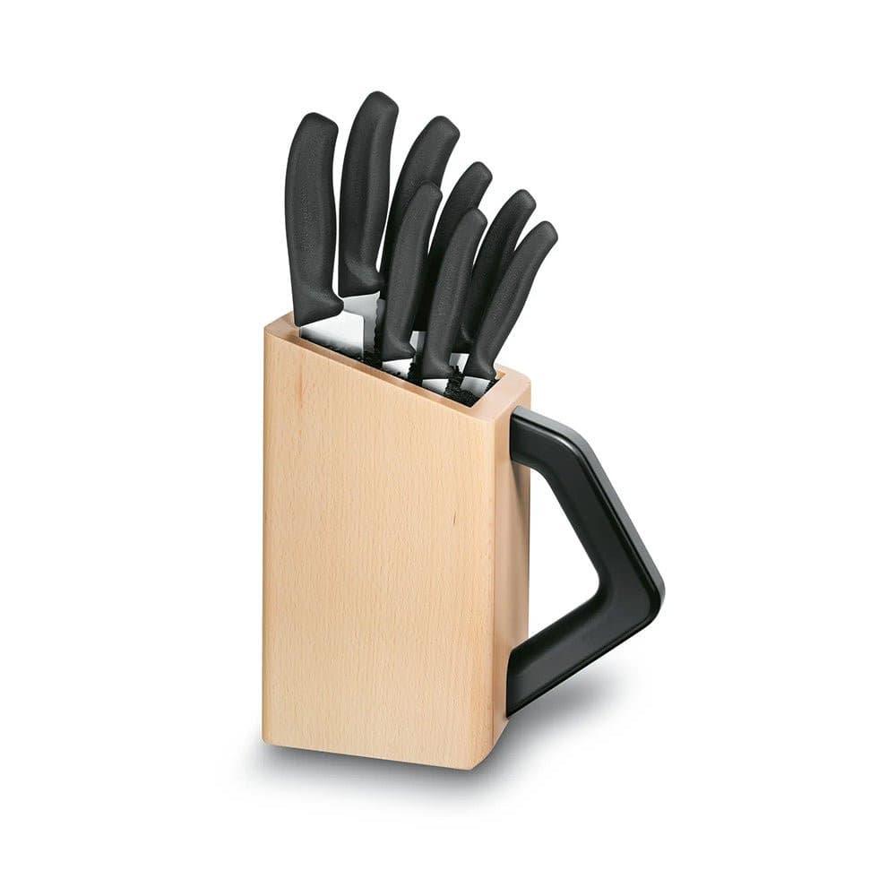 Victorinox Beechwood Cutlery Block - 8 Piece - Black, a pale wood block with a black handle and black-handled knives.