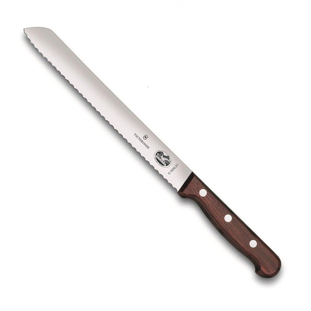 Victorinox Bread Knife - 21cm, Wooden Rosewood Handle with a long stainless steel serrated blade and dark brown riveted handle.