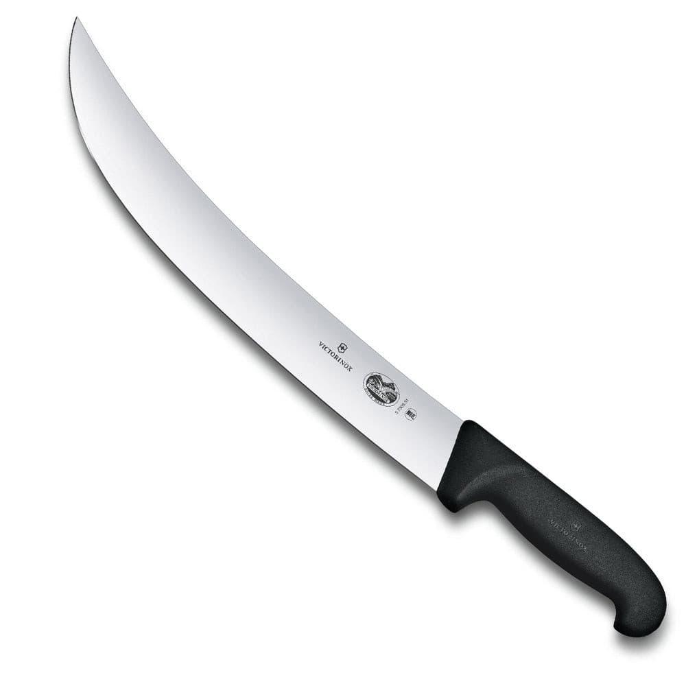 Victorinox Butchers Cimeter Steak Knife - 36cm with a silver stainless steel curved blade and black ergonomic handle.