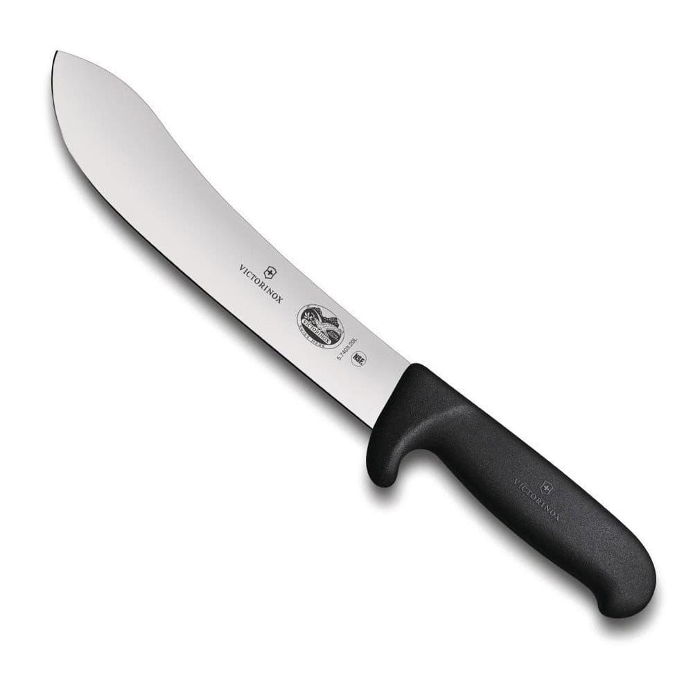 Butcherβs knife with a broad stainless steel blade and black textured safety-grip handle, Victorinox Butchers Knife - 20cm, Safety Grip, Black Handle