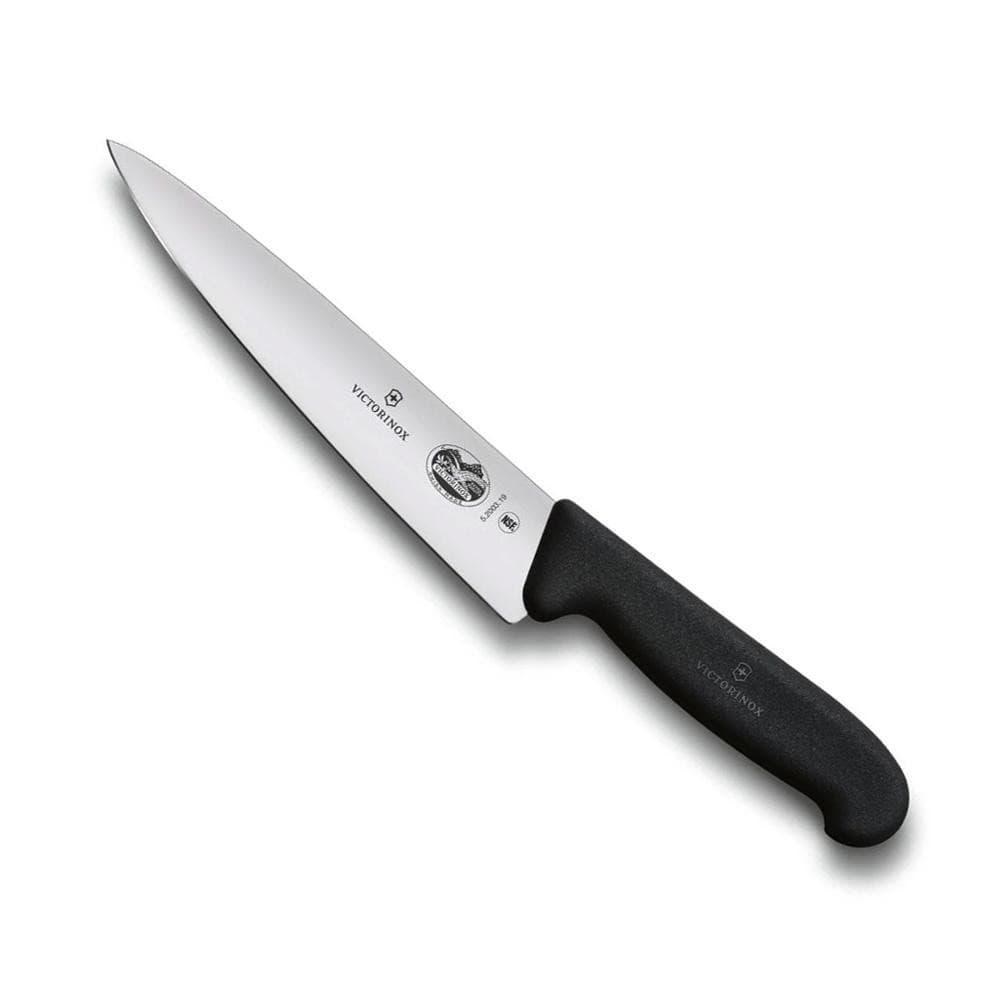 Carving knife with a long, straight stainless steel blade and textured black handle, Victorinox Carving Knife - 19cm, Black Handle
