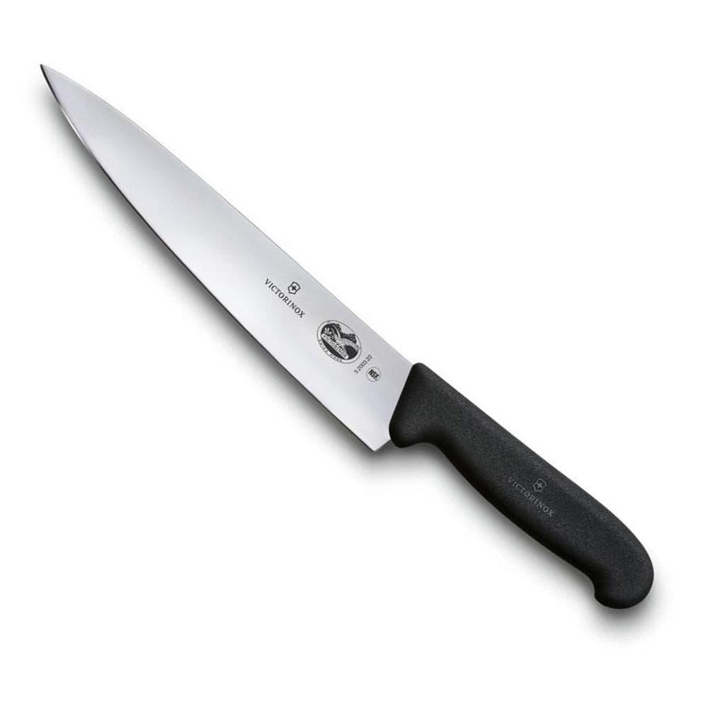 Victorinox Carving Knife - 25cm, Black Handle, with a long stainless steel blade and textured black handle.