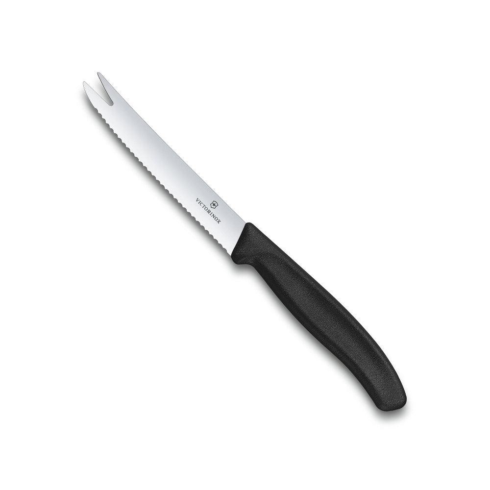 Victorinox Cheese & Sausage Knife - 11cm Fork Tip with a stainless steel wavy-edge blade, forked tip and black handle