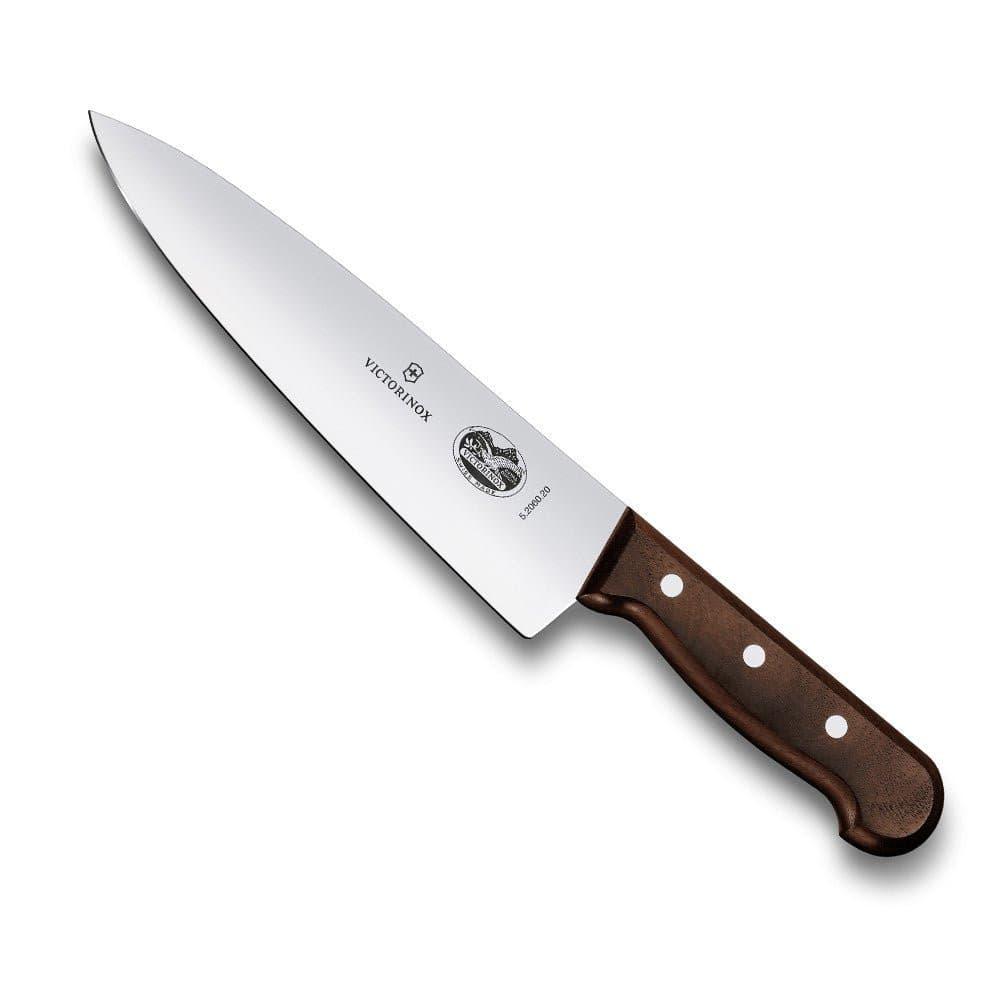 Victorinox Chefs Knife - 20cm with a broad, smooth stainless-steel blade and a dark brown wooden handle with three rivets.