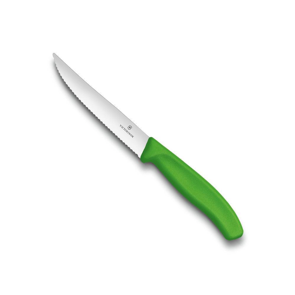 Victorinox Classic Gourmet Steak Knife - 12cm with a bright green ergonomic handle and silver wavy-edge blade