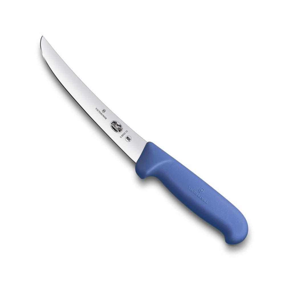 Victorinox Fibrox Boning Knife - 15cm Curved Wide Blade with a curved stainless steel blade and blue non-slip handle.