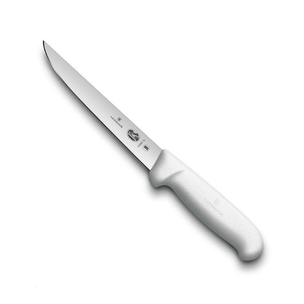 Boning knife with a straight stainless steel blade and textured white ergonomic handle; Victorinox Fibrox Boning Knife - 15cm
