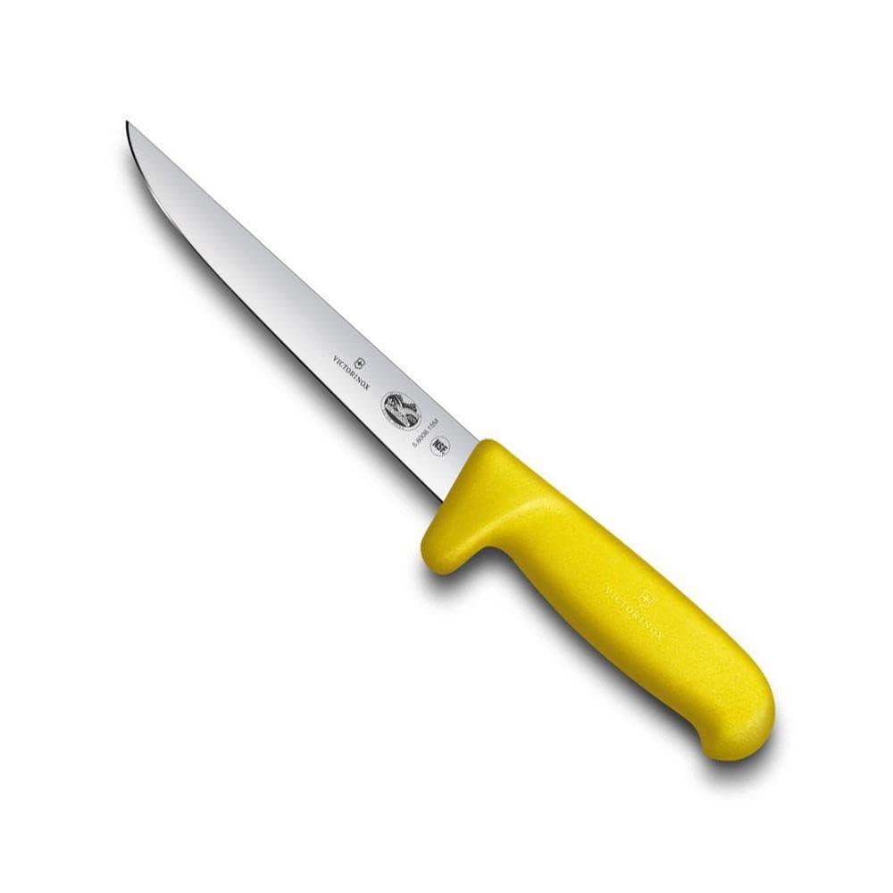 Boning knife with a slim stainless-steel blade and bright yellow textured safety-grip handle, Victorinox Fibrox Boning Knife - 15cm, Yellow Safety Handle.
