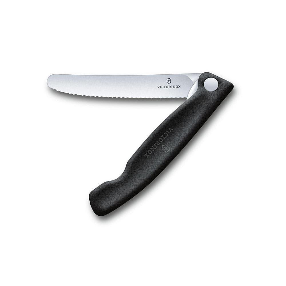 Victorinox Folding Paring Knife - Black - 11cm with a black textured plastic handle and silver wavy-edge blade.