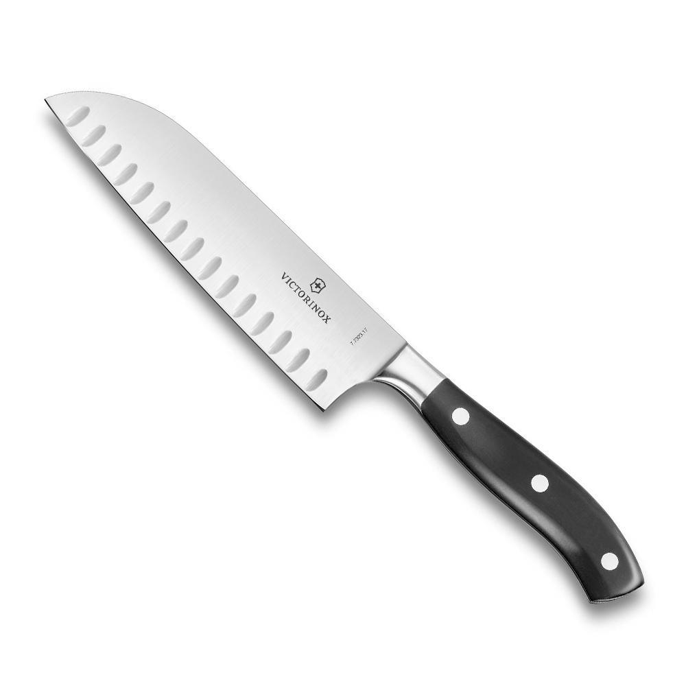 Victorinox Grant Maitre Santoku Knife - Forged Fluted Blade, stainless steel blade with scalloped edge and black riveted handle.