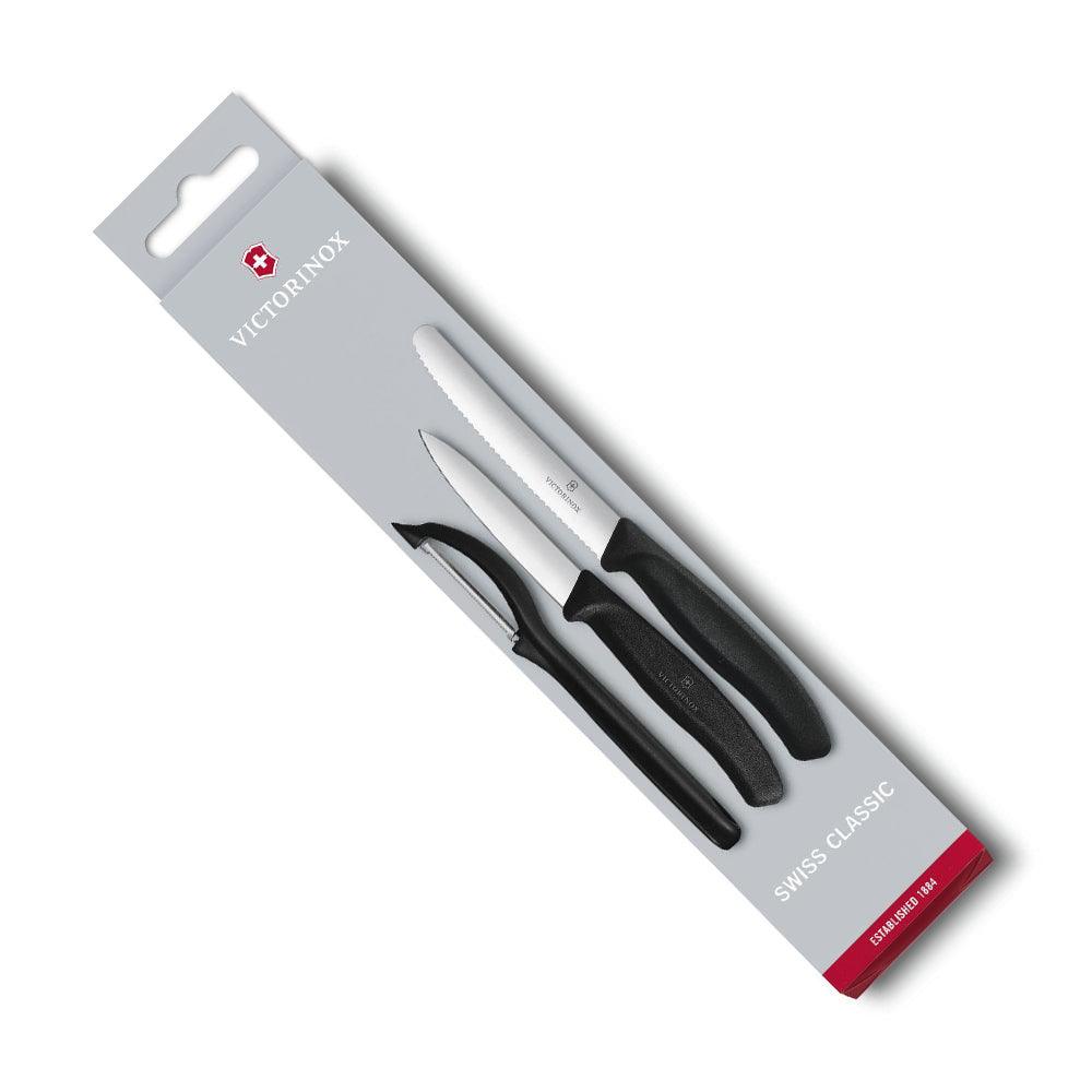 Victorinox Paring Knife Set with two stainless steel knives and a peeler, black textured handles and silver blades in packaging.