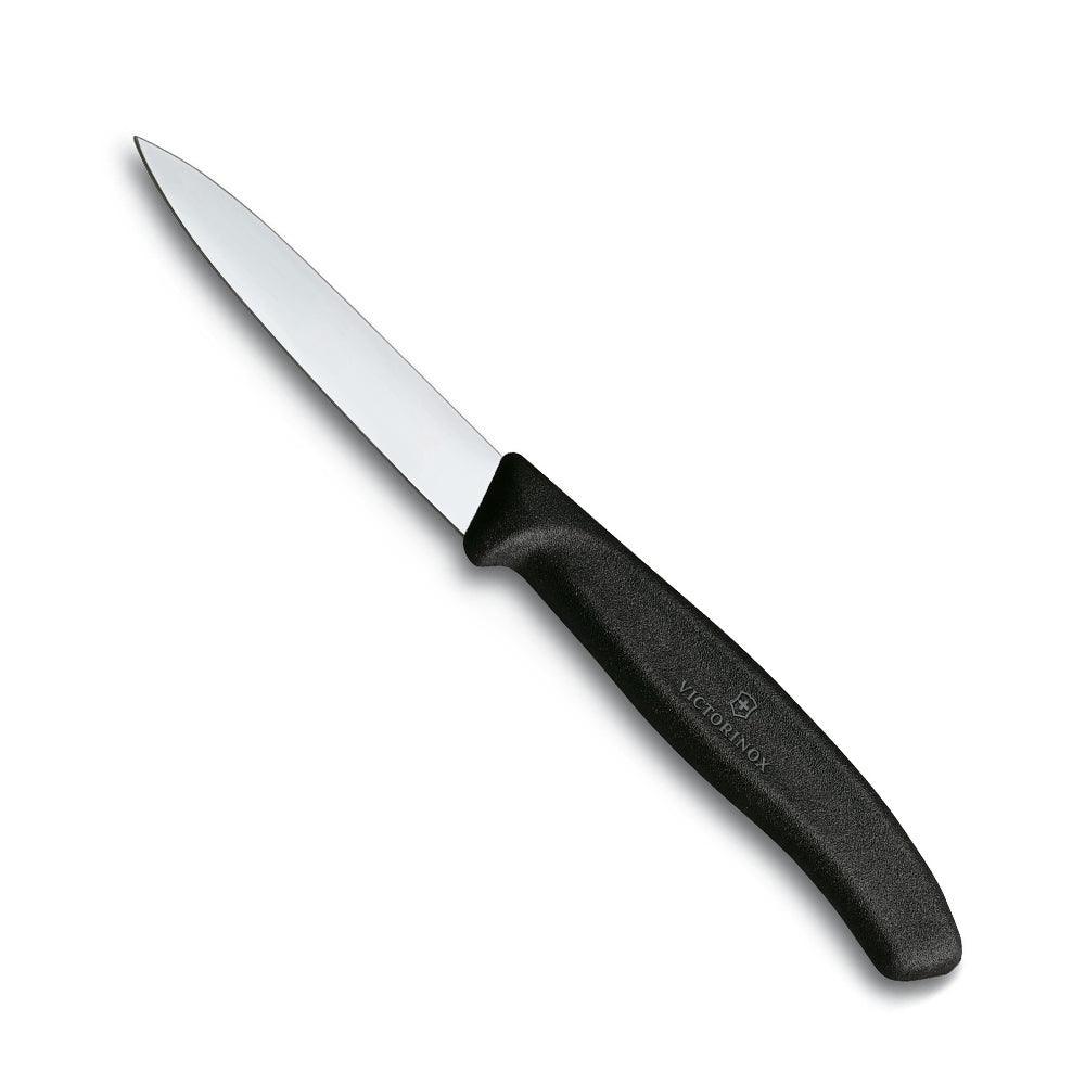 Victorinox Paring Knife - Straight Edge, 10cm with a sharp silver pointed blade and curved black ergonomic handle