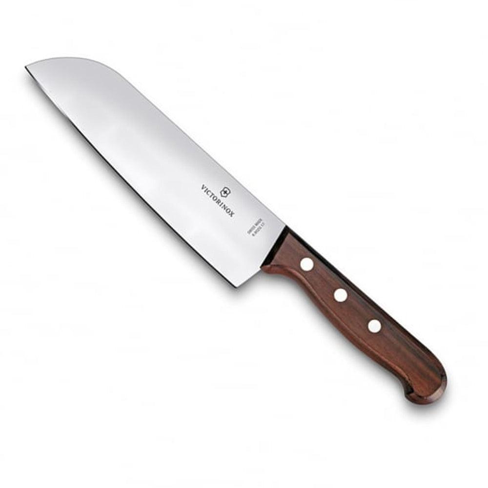 Santoku knife, Victorinox Santoku Knife Japanese - 17cm - Wooden Handle, with a broad stainless steel blade and polished brown wood handle with three rivets.