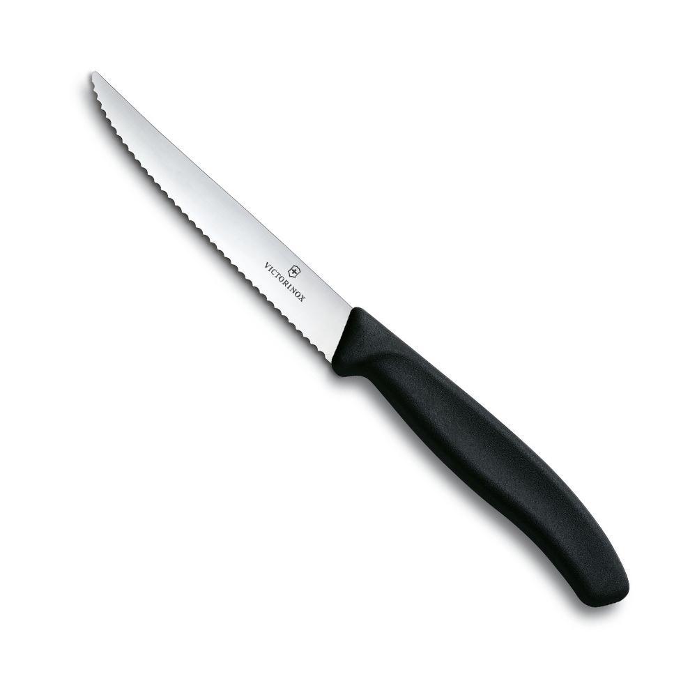 Steak knife, Victornox Steak Knife - 11cm Pointed Black Handle, with a silver serrated blade and ergonomic black handle.