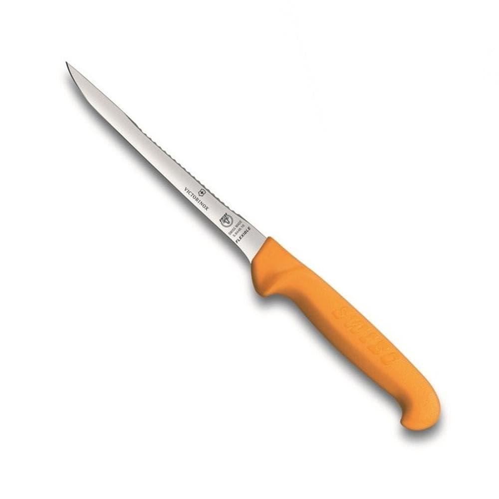 Victorinox - Swibo Serrated Filleting Knife - 16cm with a slim stainless steel blade and curved orange ergonomic handle.