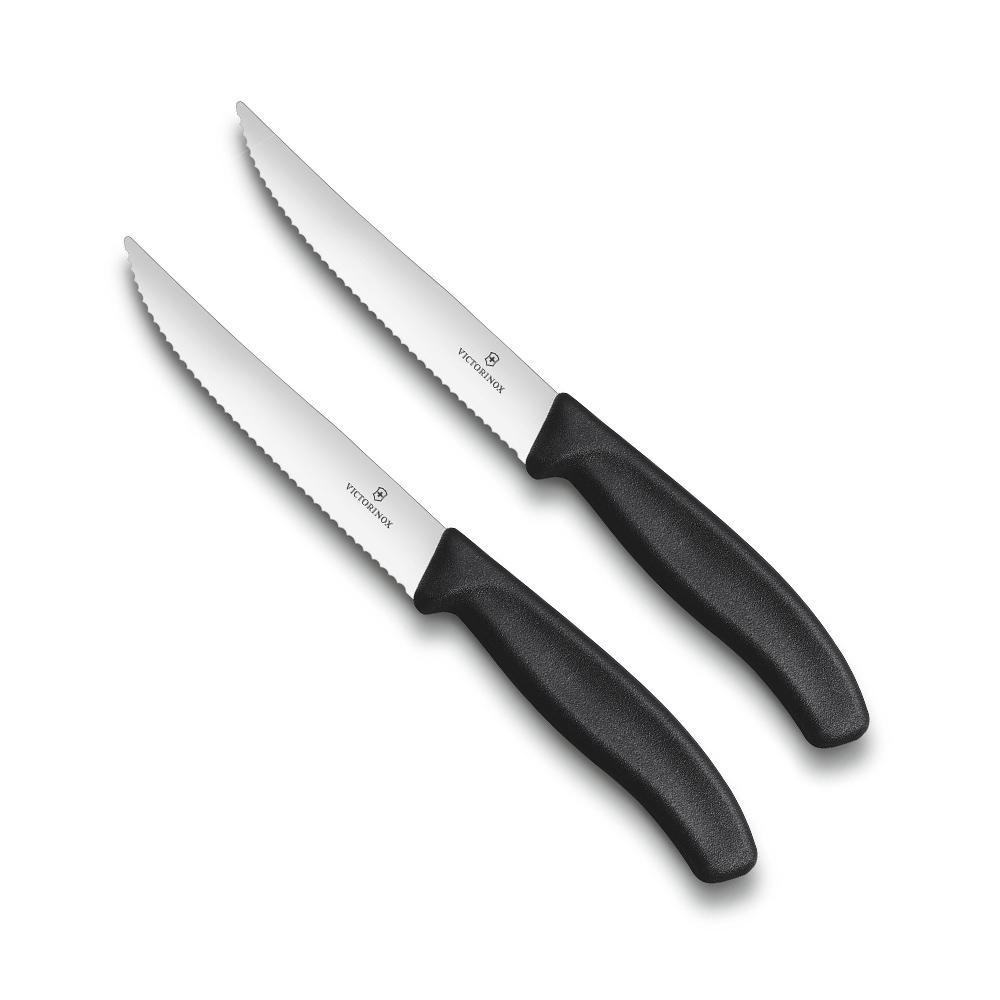 Victorinox Swiss Classic Gourmet Steak Knife 12cm - 2 pack, stainless steel serrated blades with black ergonomic handles.