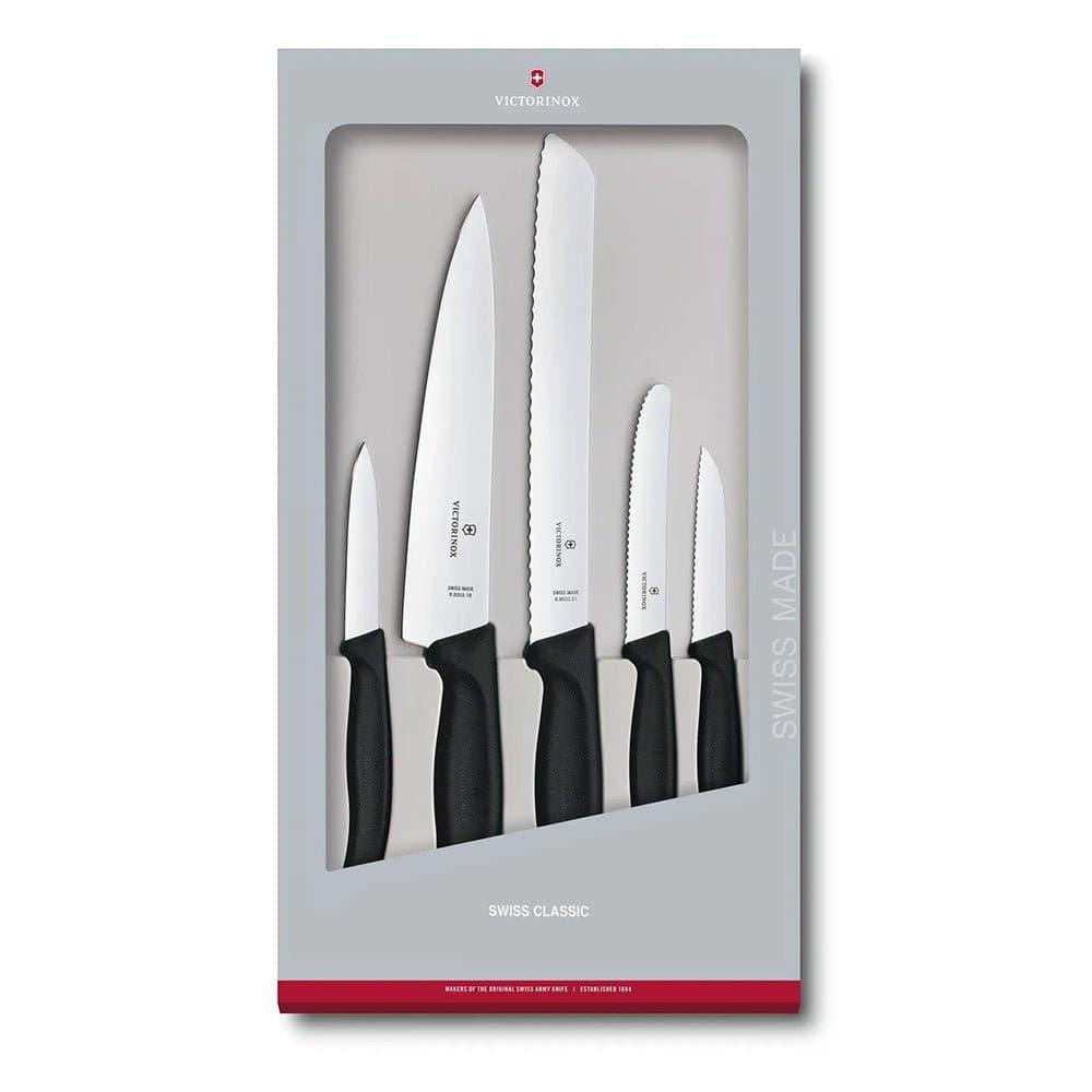 Victorinox Swiss Classic Kitchen 5 Piece - Black knife set with stainless steel blades, black handles and mixed edges in a display box.