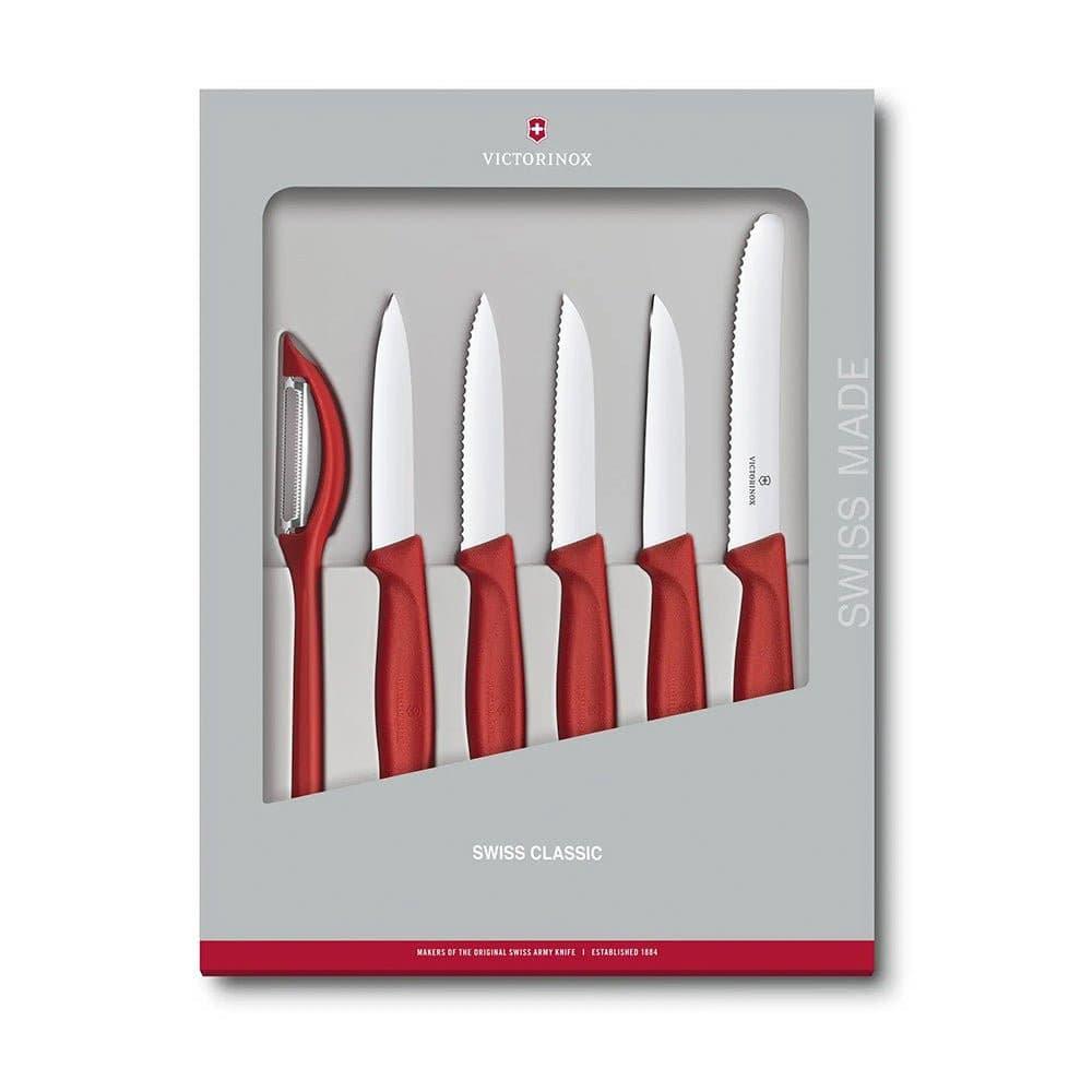 Victorinox Swiss Classic Paring 6 Piece - Red, stainless steel kitchen knives with smooth red handles and varied blade edges.