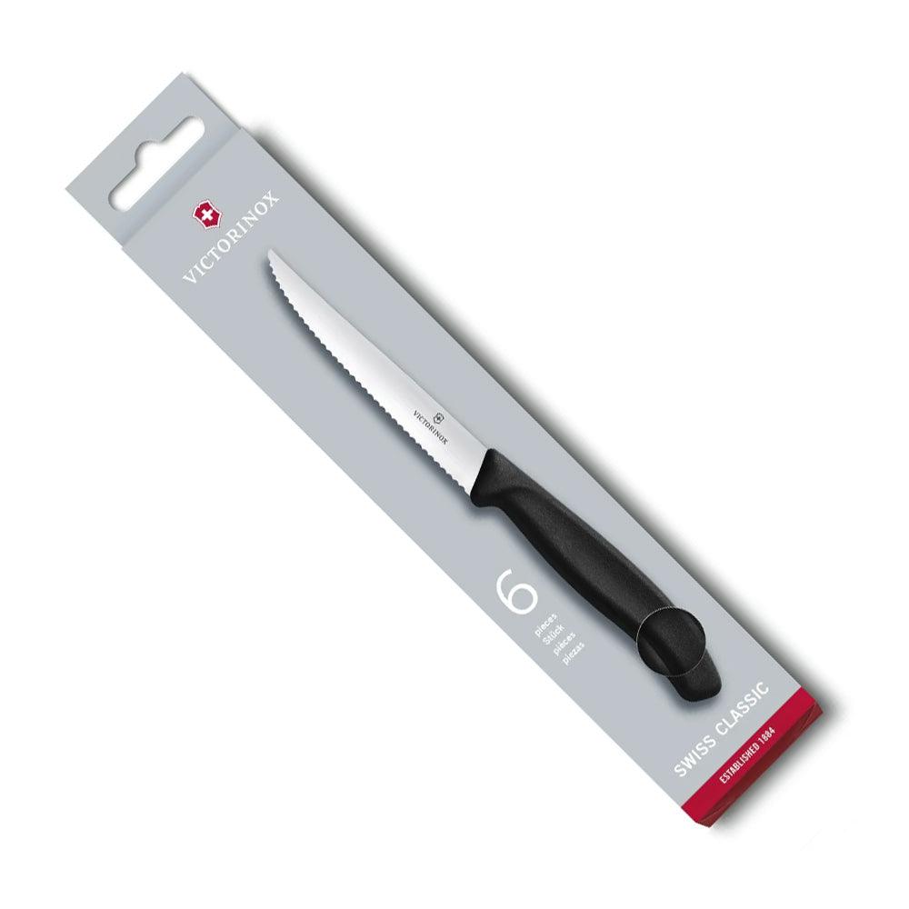 Victorinox Swiss Classic Steak Knife Set, 6 pieces package showing a silver serrated blade and black ergonomic handle