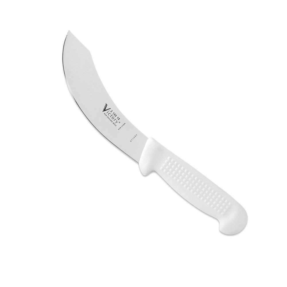 Victory 15cm Skinning Knife with a curved stainless steel blade and white textured handle for a secure grip.