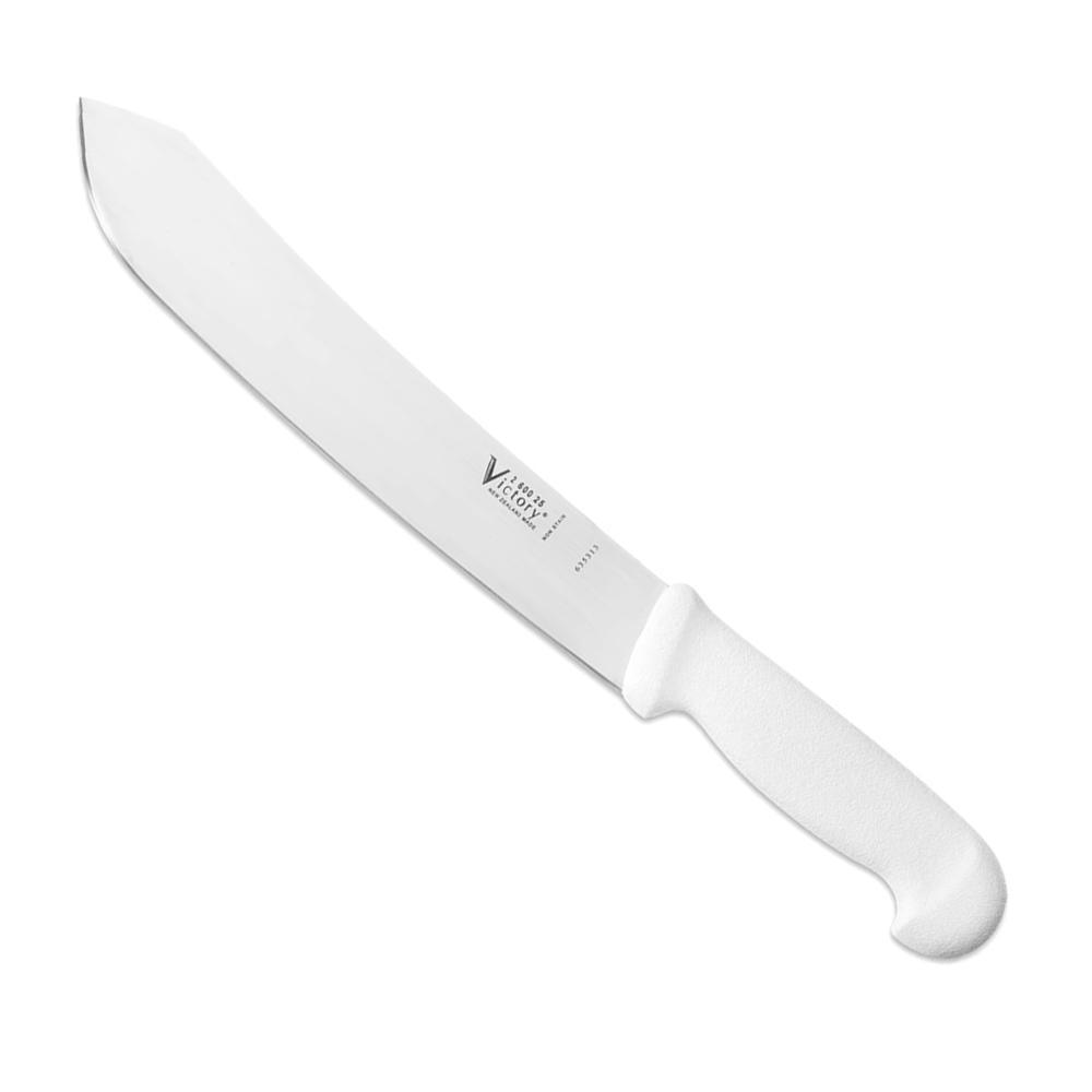 Victory 25cm Bullnose Butchers Knife with a polished stainless steel blade and white textured handle, featuring a rounded tip.