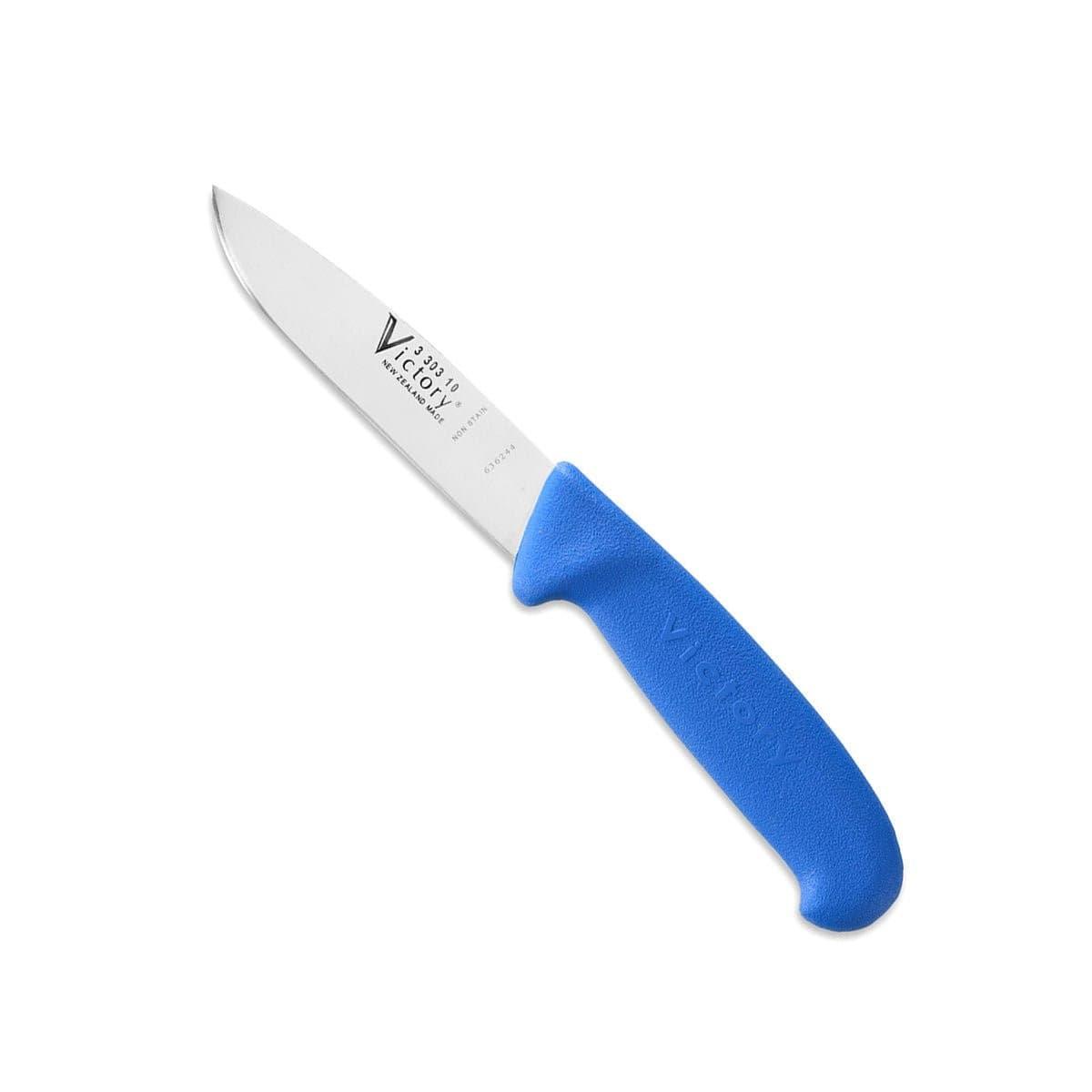 Victory Drop Point Knife 100mm Stainless Steel with a bright blue textured handle and polished silver blade