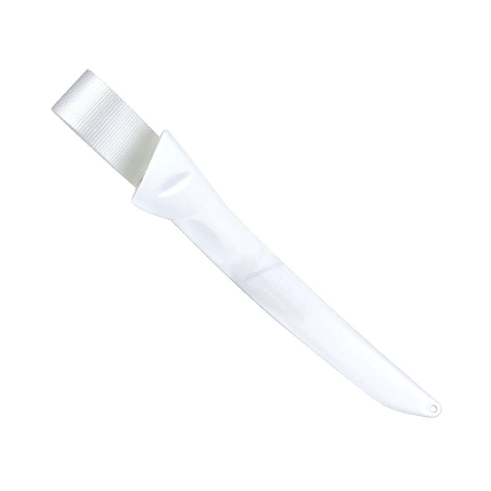 Victory Plastic Filleting Knife Sheath in white plastic, with a ribbed strap and tapered cover ending in a hanging hole