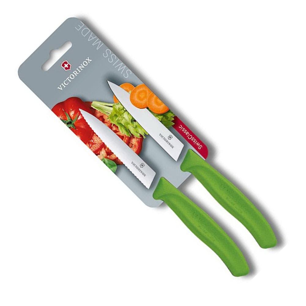 Wavy Edge Paring Knife Set - Green with two stainless steel blades, one straight and one wavy, and bright green handles