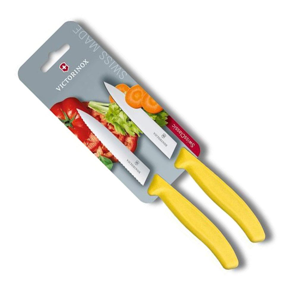 Wavy Edge Paring Knife Set - Yellow, two silver Victorinox knives with bright yellow handles and straight and wavy blades