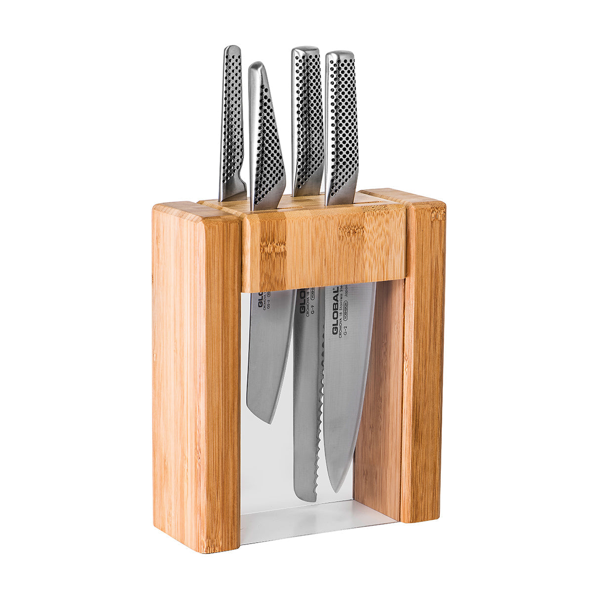 5 Piece Knife Block Set with a bamboo frame, clear acrylic window and four stainless steel knives with dotted handles