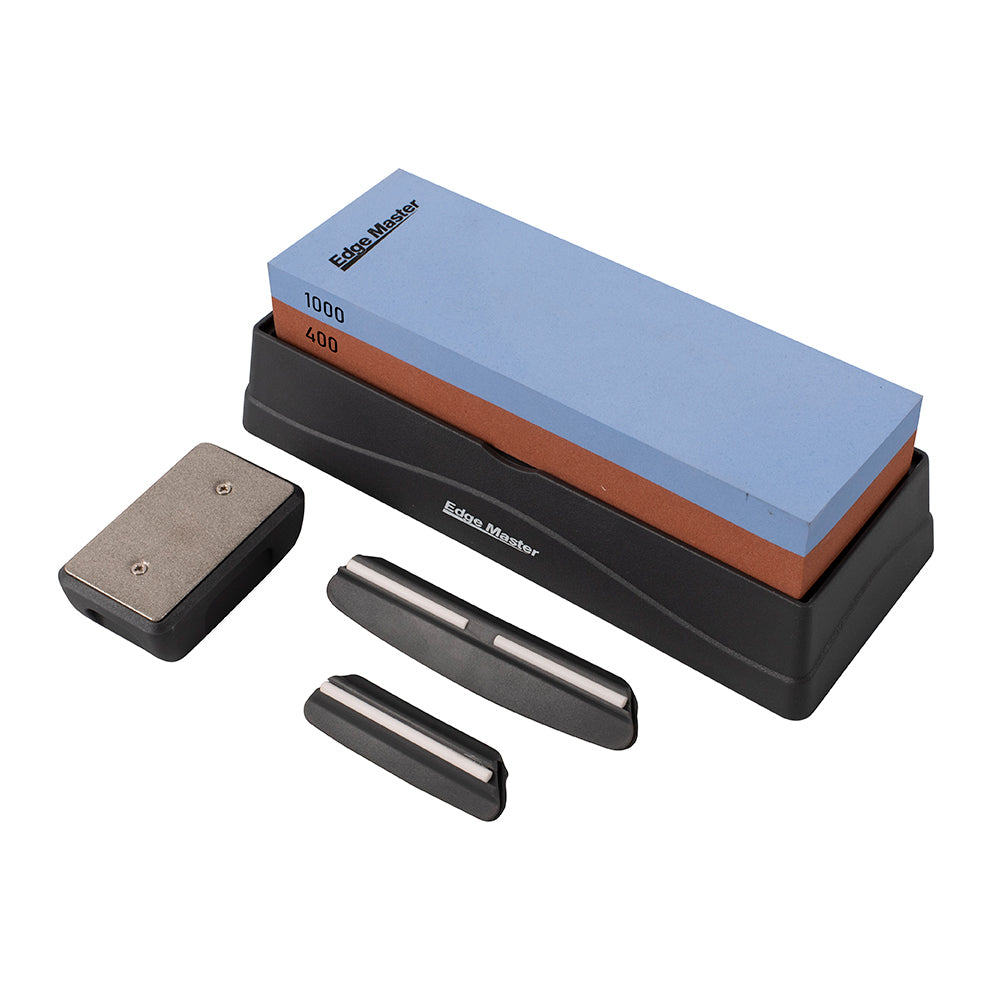 Edge Master Professional Whetstone Sharpening System with blue and rust 400/1000 grit stone, black base and guide rails