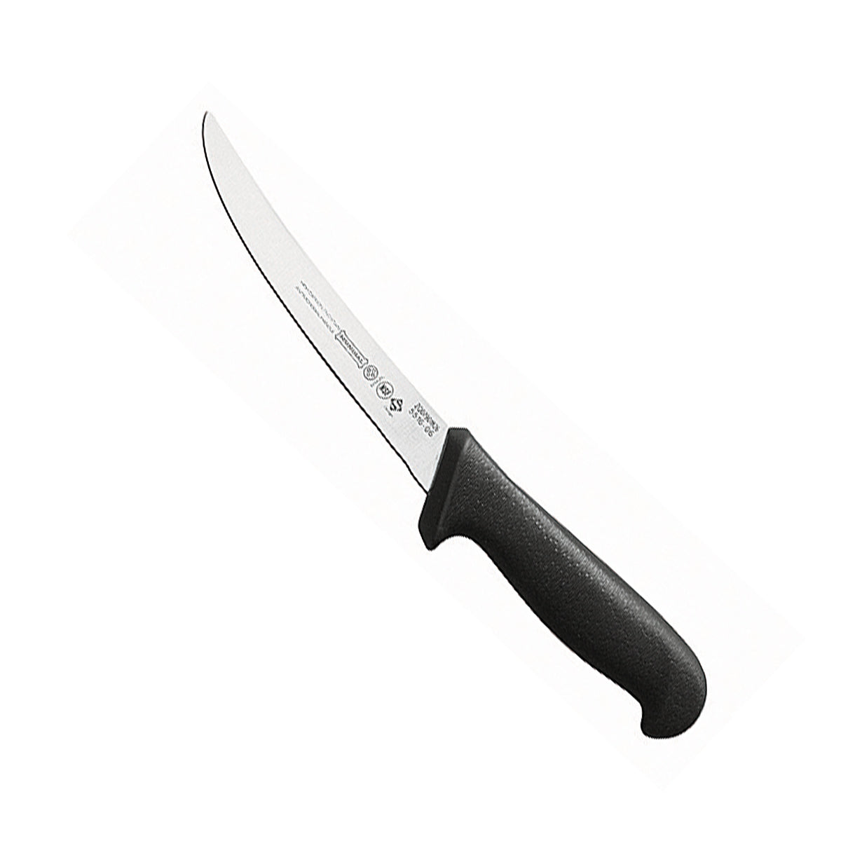 Mundial Professional Boning Knife with a curved stainless steel blade and textured black polypropylene handle