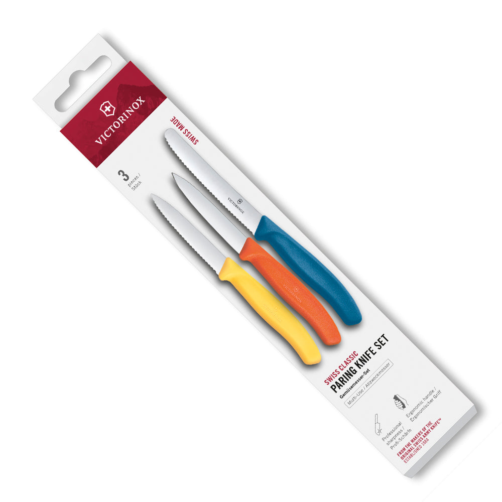 Paring Knife Set, 3 Pieces with stainless steel blades and orange, yellow, and blue handles in retail packaging.