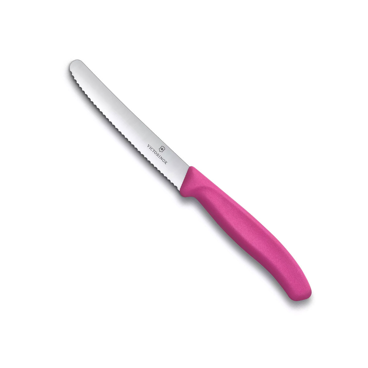 Table Knife - Victorinox - 11cm with a silver serrated stainless steel blade and bright pink ergonomic handle