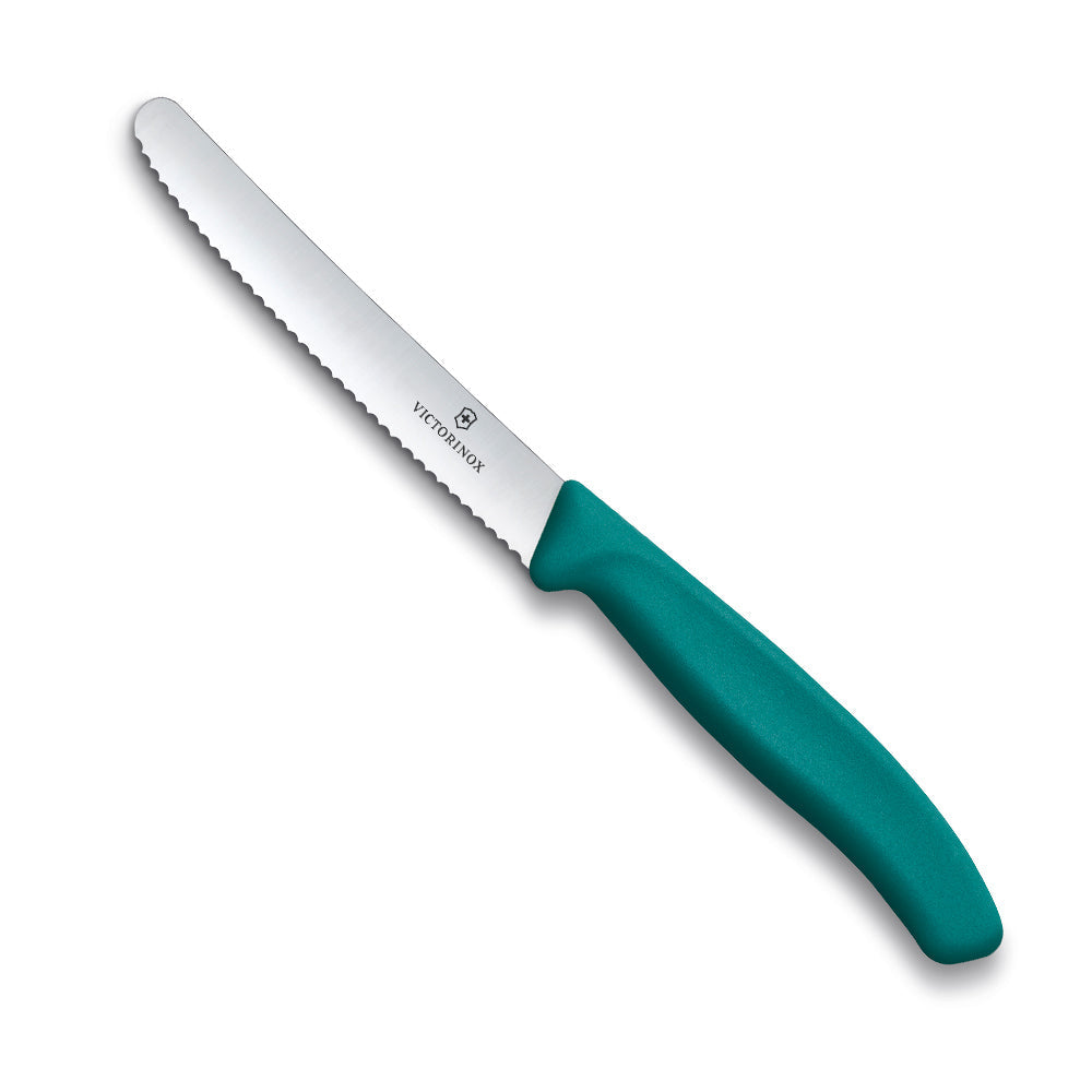 Table Knife - Victorinox - 11cm with a silver serrated blade and a smooth teal ergonomic handle